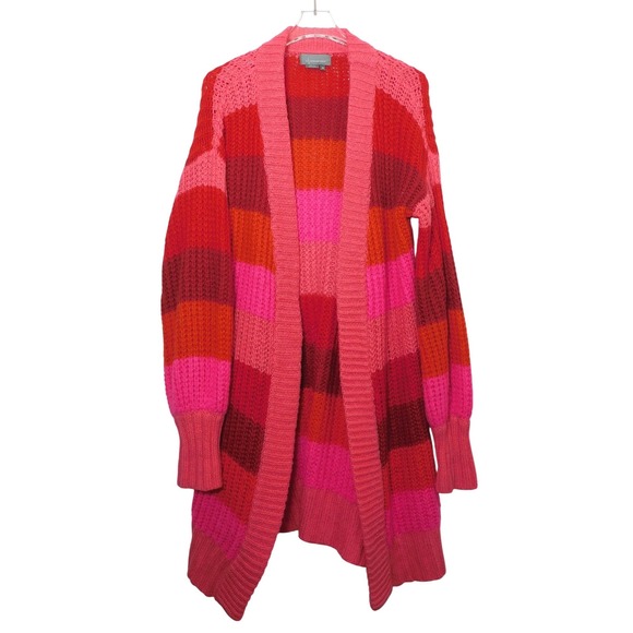 Anthropologie Sweaters - By Anthropologie Striped Chunky Knit Open Front Cardigan Pink Red Orange OS